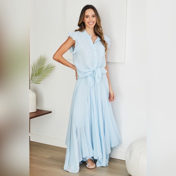 (8093-SKY) SOLID RUFFLE SHORT SLEEVE CHEST POCKET BUTTON DOWN LINEN TOP - Picture 4 of 4